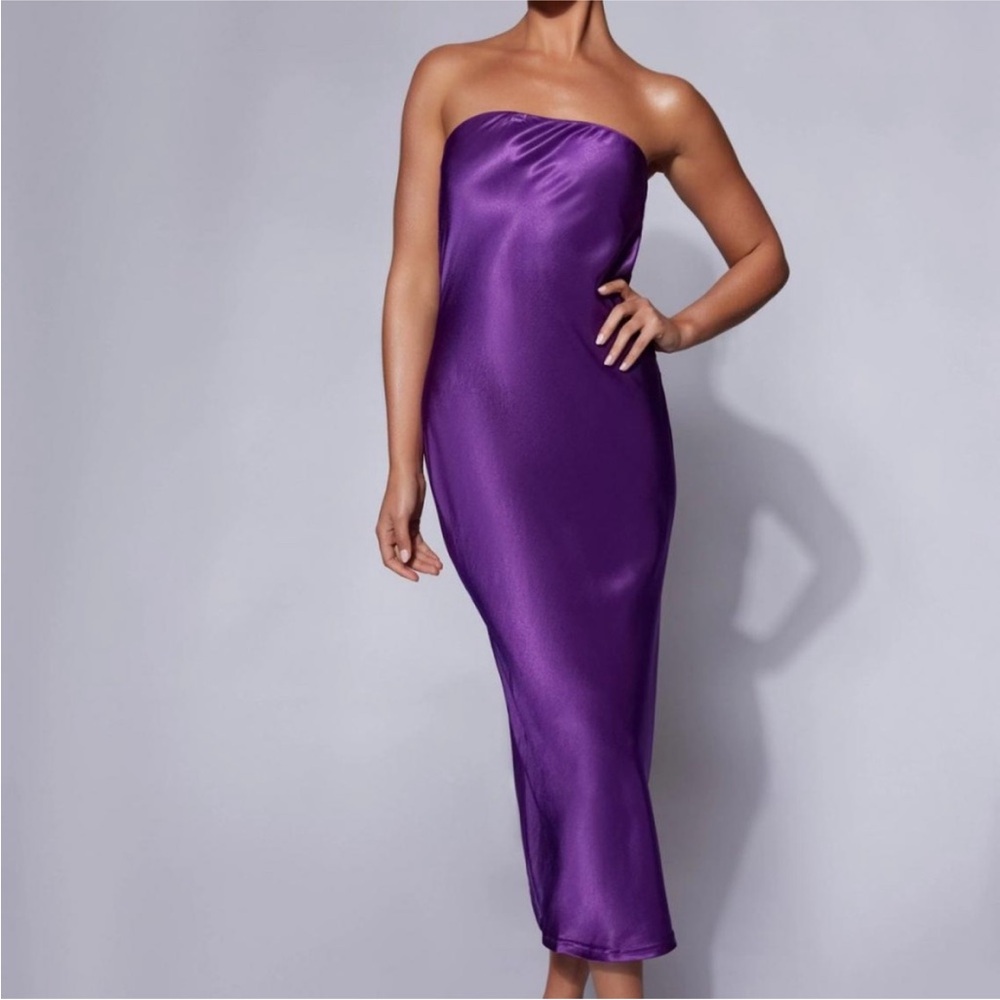 NWT Meshki Tyler Strapless Satin Midi Dress Purple Grape Size Small